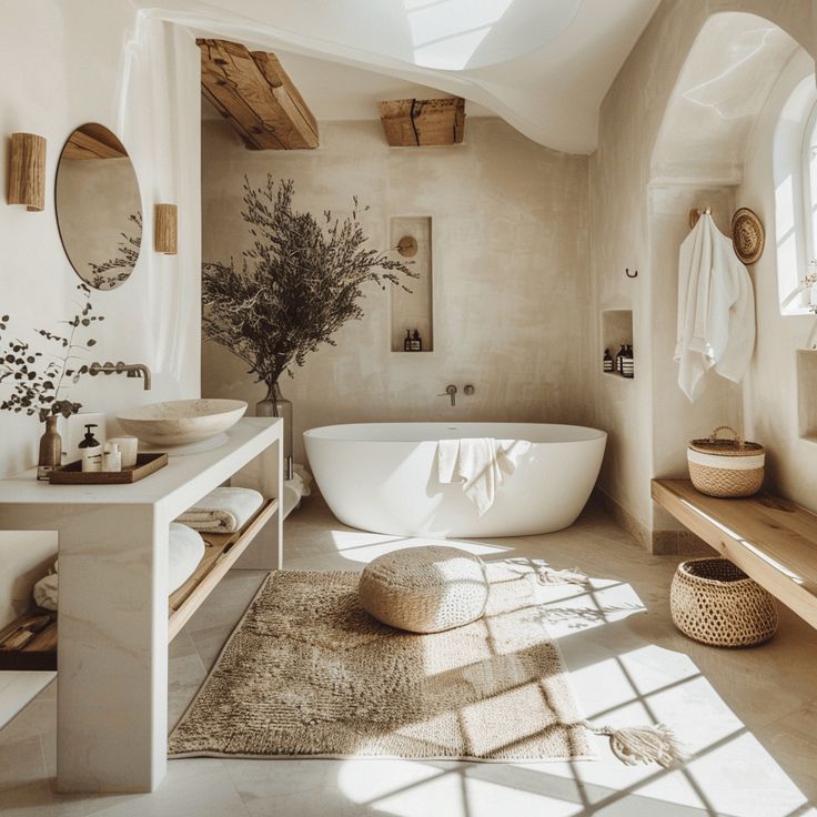 Serene Scandinavian Bathroom Design - Minimalist Aesthetic with Natural Textures. Features a freestanding tub, earthy tones, wooden accents, and calming greenery for a spa-like retreat.