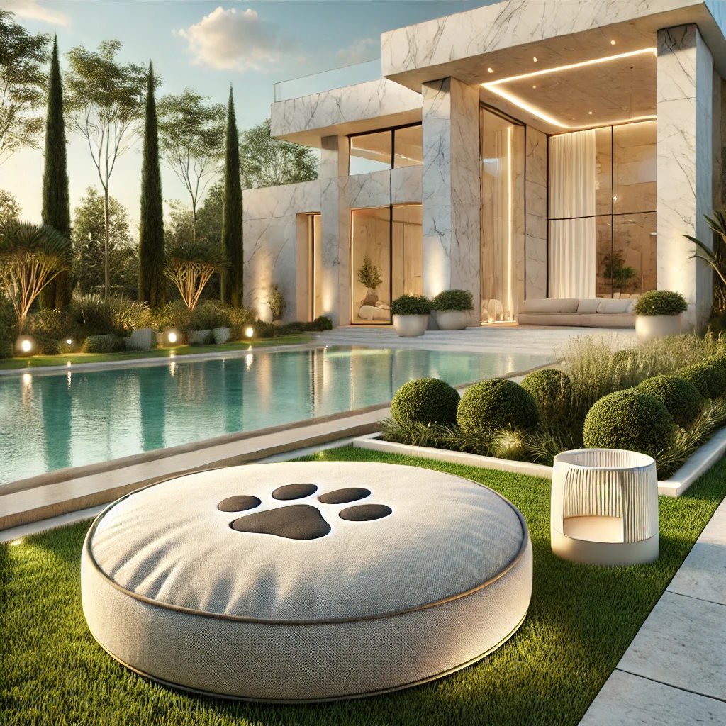 Luxurious backyard scene with a modern round dog bed in soft neutral fabric and a subtle paw imprint, placed on a manicured green lawn.