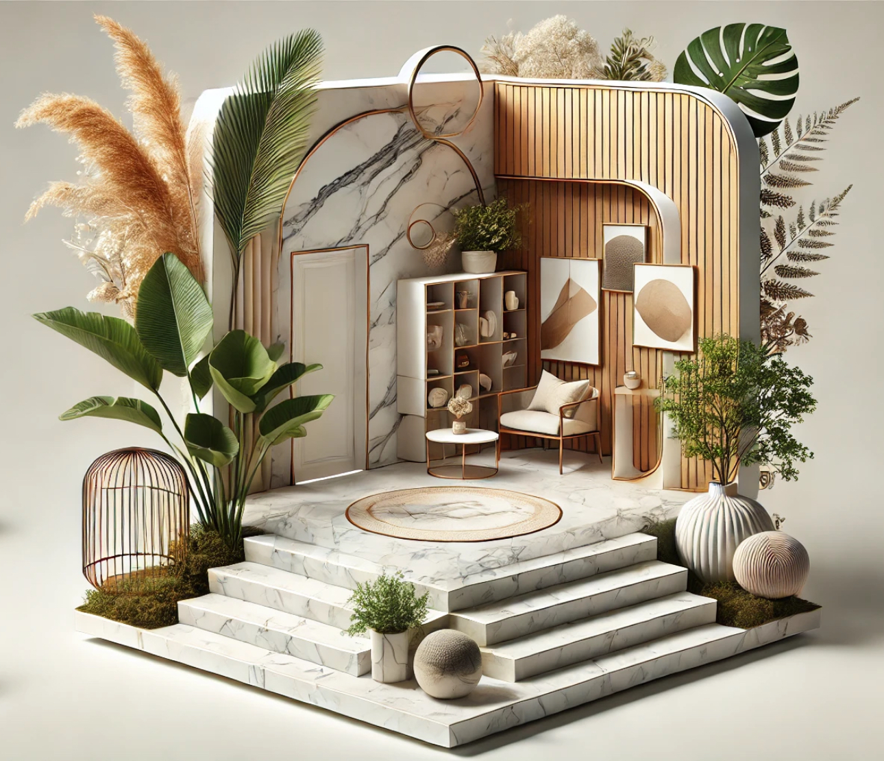 A luxurious image with three sections: marble for premium decor, natural tones with greenery for organic accessories, and bright white for modern products, seamlessly blending home essentials and pet accessories.