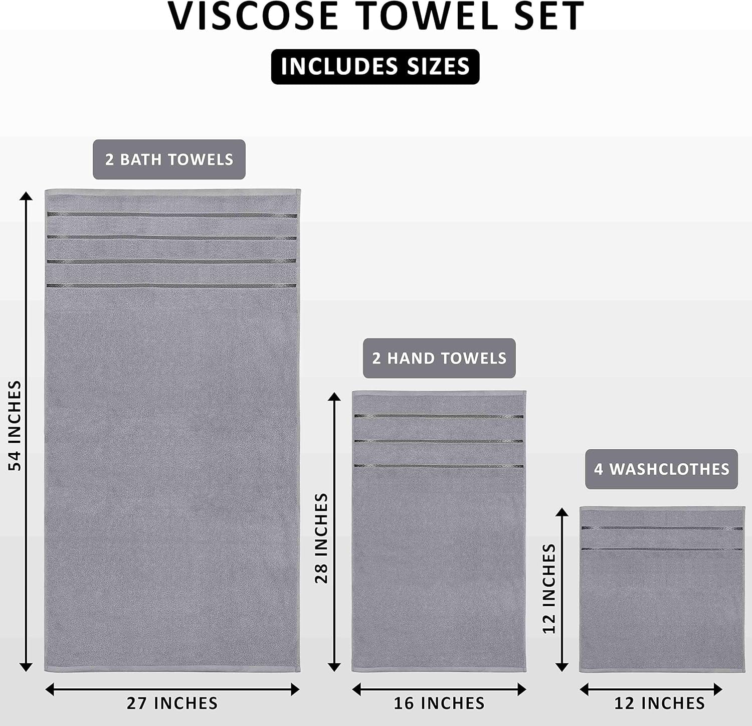 8-Piece Luxury Towel Set, 2 Bath Towels, 2 Hand Towels, and 4 Wash Cloths, Ring Spun Cotton Highly Absorbent Viscose Stripe Towels Ideal for Everyday Use (Cool Grey)