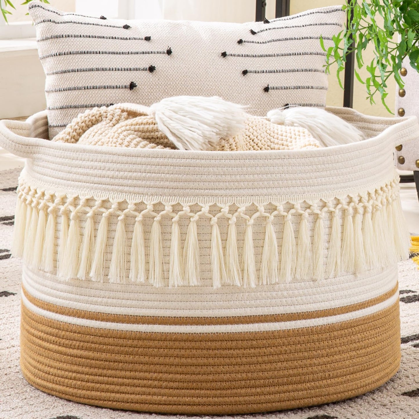 Large Blanket Basket (20"X13"),Woven Baskets for Storage Baby Laundry Hamper, Cotton Rope Blanket Basket for Living Room, Laundry, Nursery, Pillows, Baby Toy Chest (White Fringe)