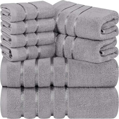 8-Piece Luxury Towel Set, 2 Bath Towels, 2 Hand Towels, and 4 Wash Cloths, Ring Spun Cotton Highly Absorbent Viscose Stripe Towels Ideal for Everyday Use (Cool Grey)