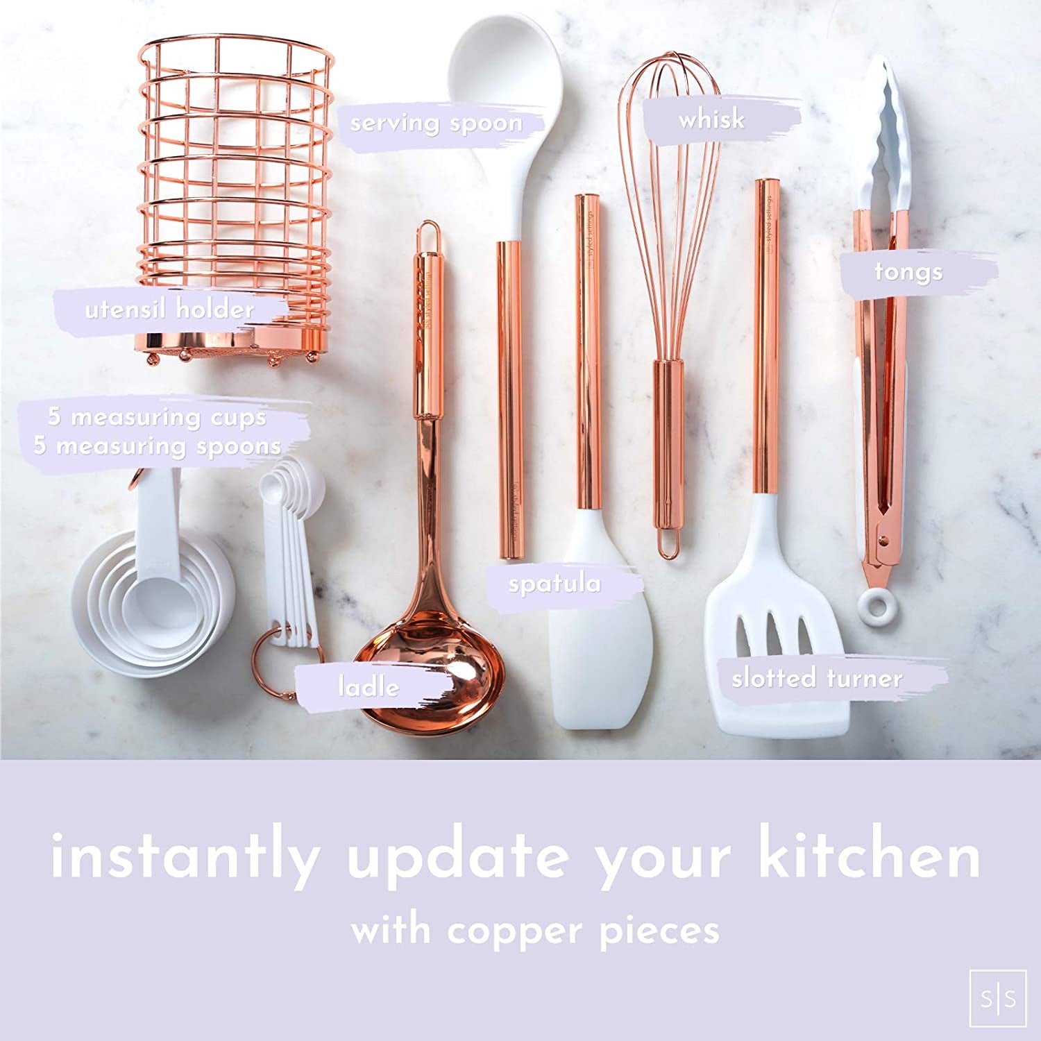 17 Pcs White Silicone & Copper Kitchen Utensils Set with Holder -  Rose Gold Kitchen Utensils Set Includes White & Copper Measuring Cups and Spoons & Copper Utensil Holder - Kitchen Accessories