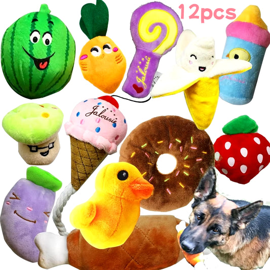 12-Piece Plush Animal Dog Toy Set - Squeaky, Chewy, and Perfect for Small to Medium Dogs