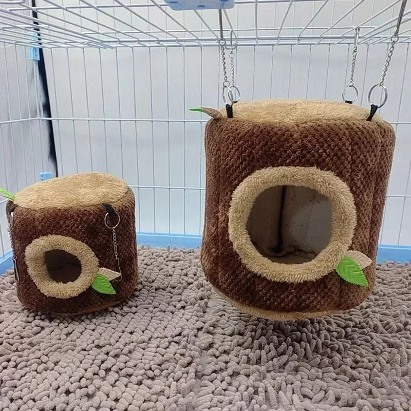 "Cozy Tree Stump Hamster Hammock – Warm Winter Hideaway for Small Pets!"