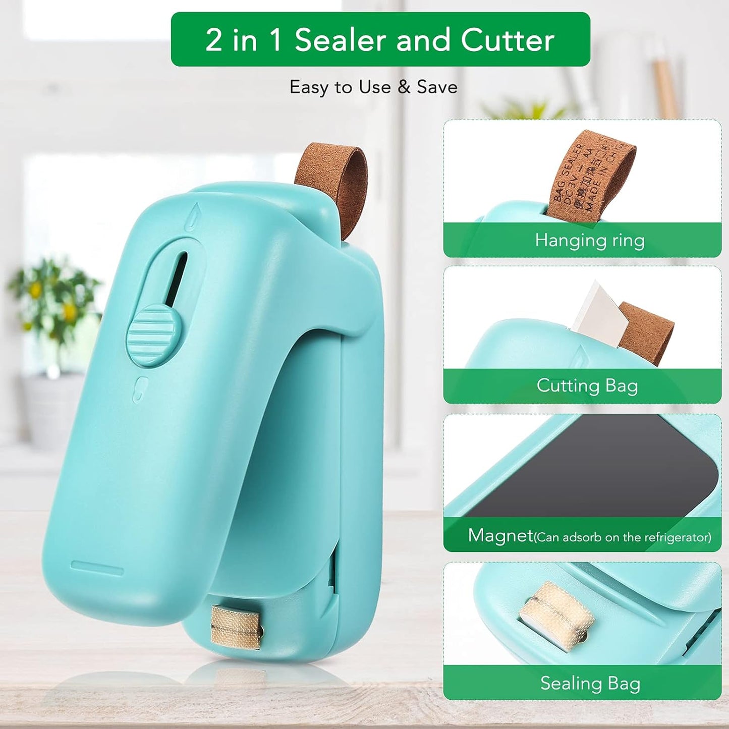 Mini Bag Sealer, 2 in 1 Portable Sealer & Cutter, Heat Sealer for Vacuum Sealer Bags, Handheld Bag Heat Resealer Machine for Chip Bags, Plastic Food Bags, Snack & Cereal Bags (Green, Single)