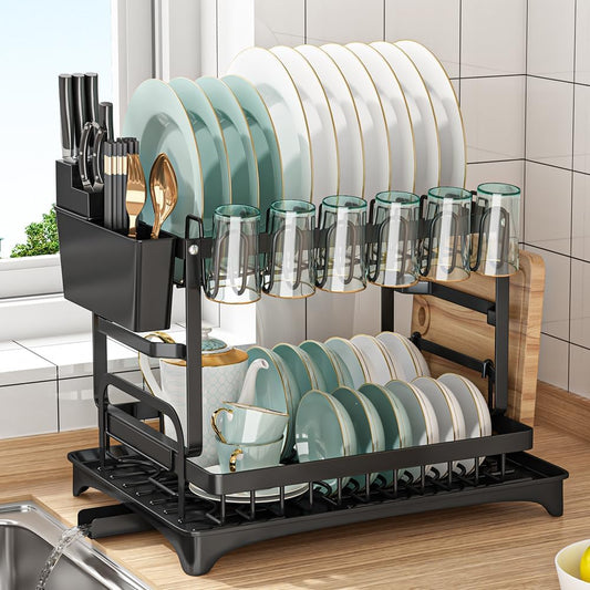 Dish Drying Rack, Multifunctional Dish Rack, Rustproof Kitchen Dish Drying Rack with Drainboard, Space-Saving 2-Tier Dish Drying Rack with Utensil Holder & Cup Holder for Kitchen Counter,Black