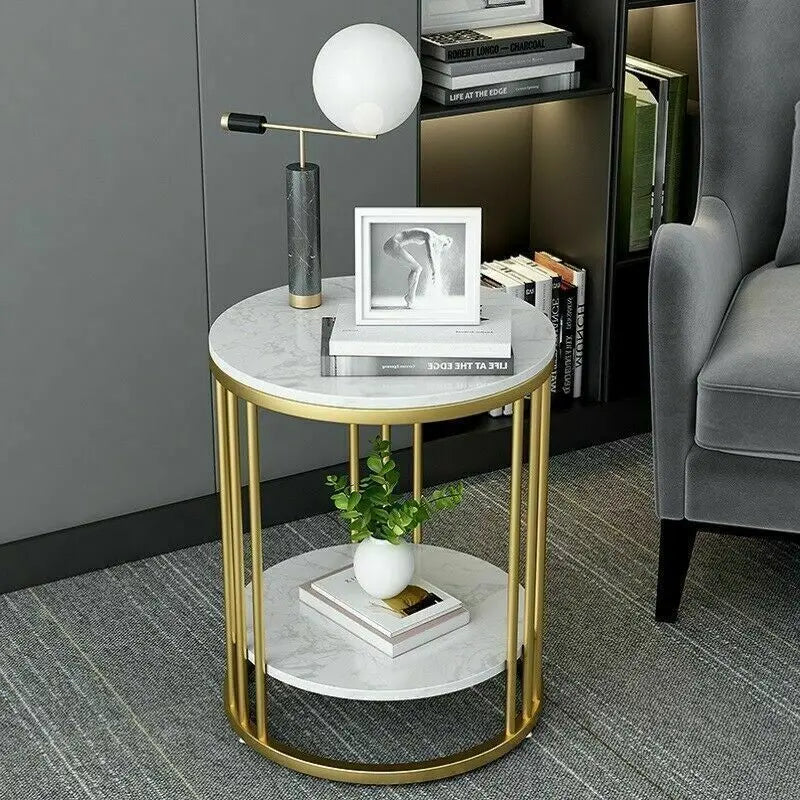 2-Tier White Marble Side Round Table Coffee Table / Nightstand 