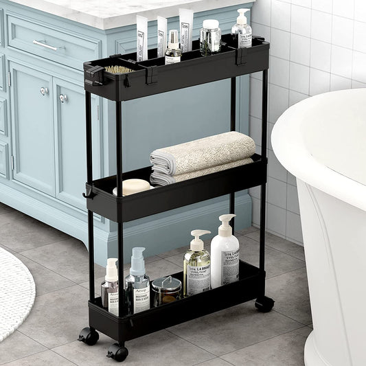 Slim 3-Tier Rolling Storage Cart - Black Mobile Utility Organizer for Bathroom.