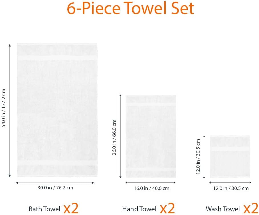 6 Piece Oversized Fade Resistant Towel Set, 100% Cotton Towels for Bathroom, Soft and Absorbent, 2 Bath Towels, 2 Hand Towels and 2 Washcloths Bathroom Towel Set, White