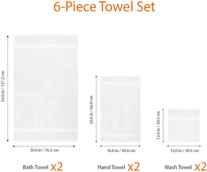 6 Piece Oversized Fade Resistant Towel Set, 100% Cotton Towels for Bathroom, Soft and Absorbent, 2 Bath Towels, 2 Hand Towels and 2 Washcloths Bathroom Towel Set, White