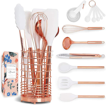 17 Pcs White Silicone & Copper Kitchen Utensils Set with Holder -  Rose Gold Kitchen Utensils Set Includes White & Copper Measuring Cups and Spoons & Copper Utensil Holder - Kitchen Accessories