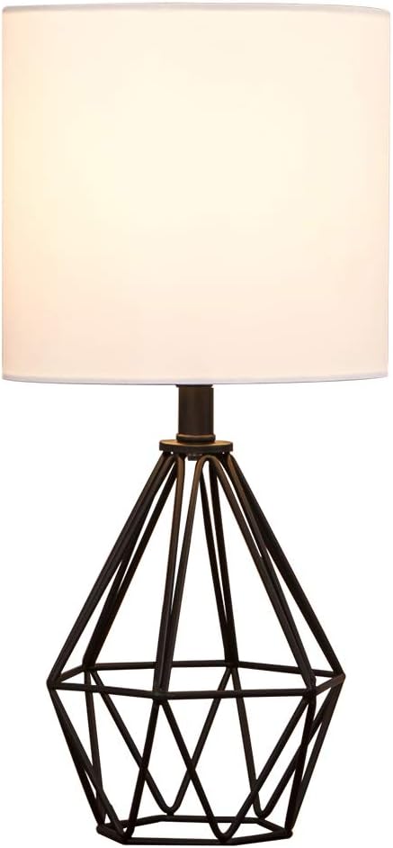 Modern Farmhouse Table Lamp – Black or Rose Gold Geometric Base with White Fabric Shade