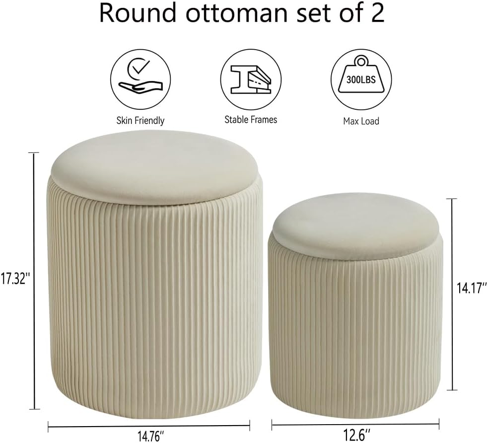 Set of 2 Round Velvet Storage Ottomans – Upholstered Vanity Stools, Coffee Table, or Foot Rest for Living Room & Bedroom (White)