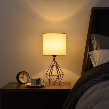 Modern Farmhouse Table Lamp – Black or Rose Gold Geometric Base with White Fabric Shade