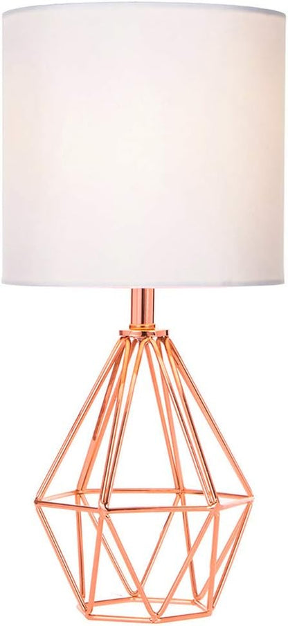 Modern Farmhouse Table Lamp – Black or Rose Gold Geometric Base with White Fabric Shade