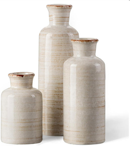 Ceramic Rustic Vase 3-Piece Set (White) - Small Vases for Farmhouse, Living Room, Table & Entrance Deco