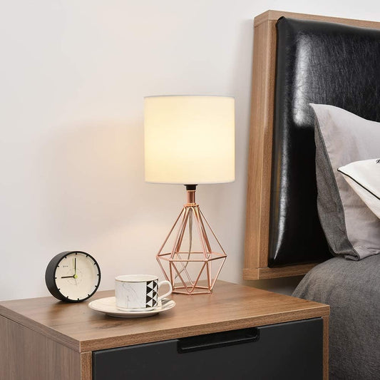 Modern Farmhouse Table Lamp – Black or Rose Gold Geometric Base with White Fabric Shade