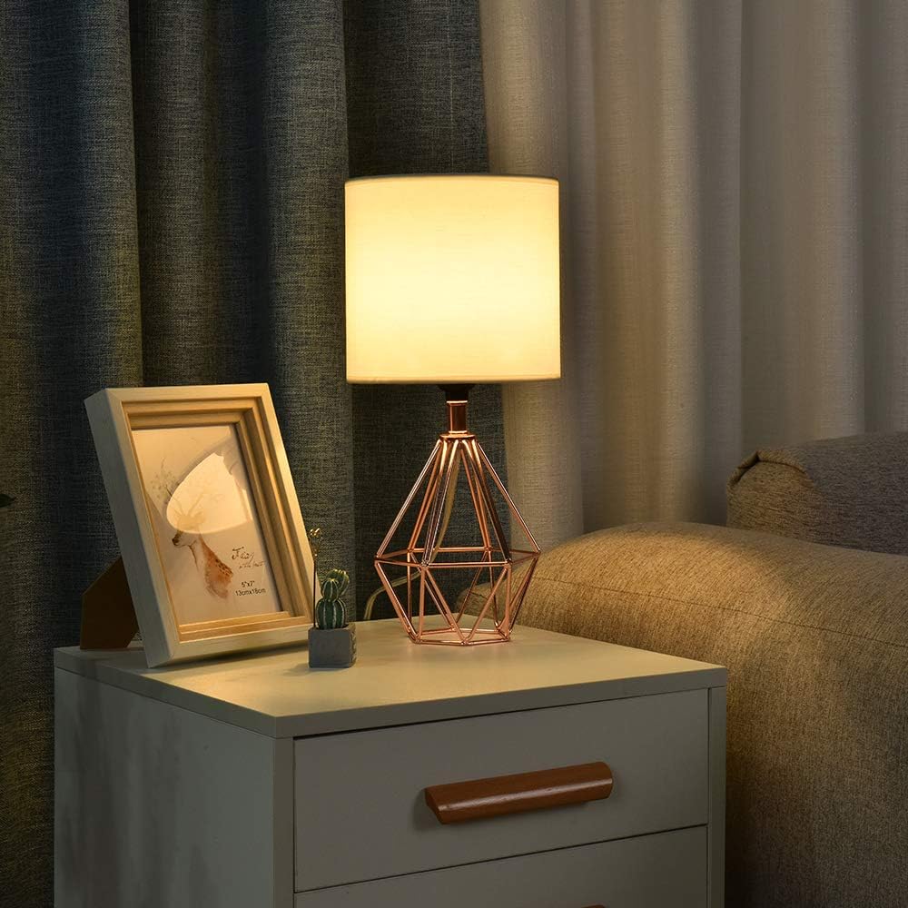 Modern Farmhouse Table Lamp – Black or Rose Gold Geometric Base with White Fabric Shade