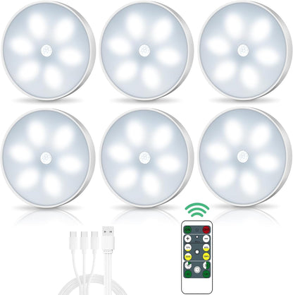 "LED Closet Lights 6-Pack - Wireless Motion Sensor Puck Lights, USB Rechargeable, Remote Control, Dimmable Under Cabinet Lighting for Kitchen, Wardrobe, Counter"