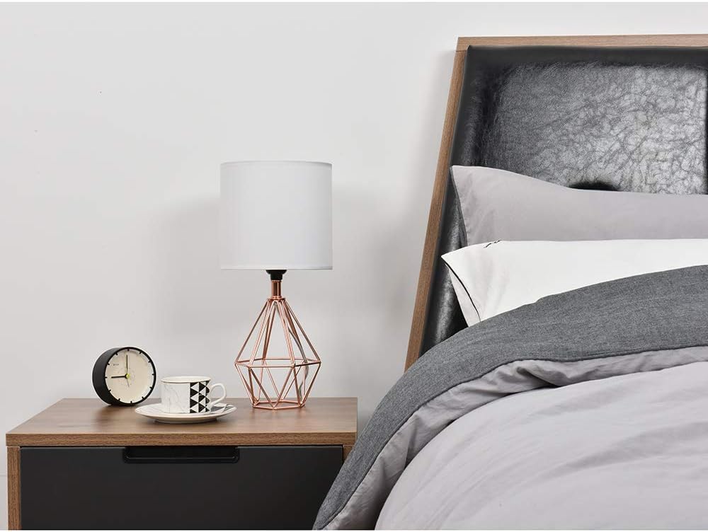 Modern Farmhouse Table Lamp – Black or Rose Gold Geometric Base with White Fabric Shade