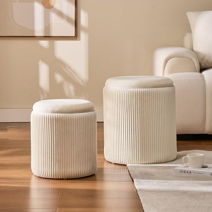 Set of 2 Round Velvet Storage Ottomans – Upholstered Vanity Stools, Coffee Table, or Foot Rest for Living Room & Bedroom (White)