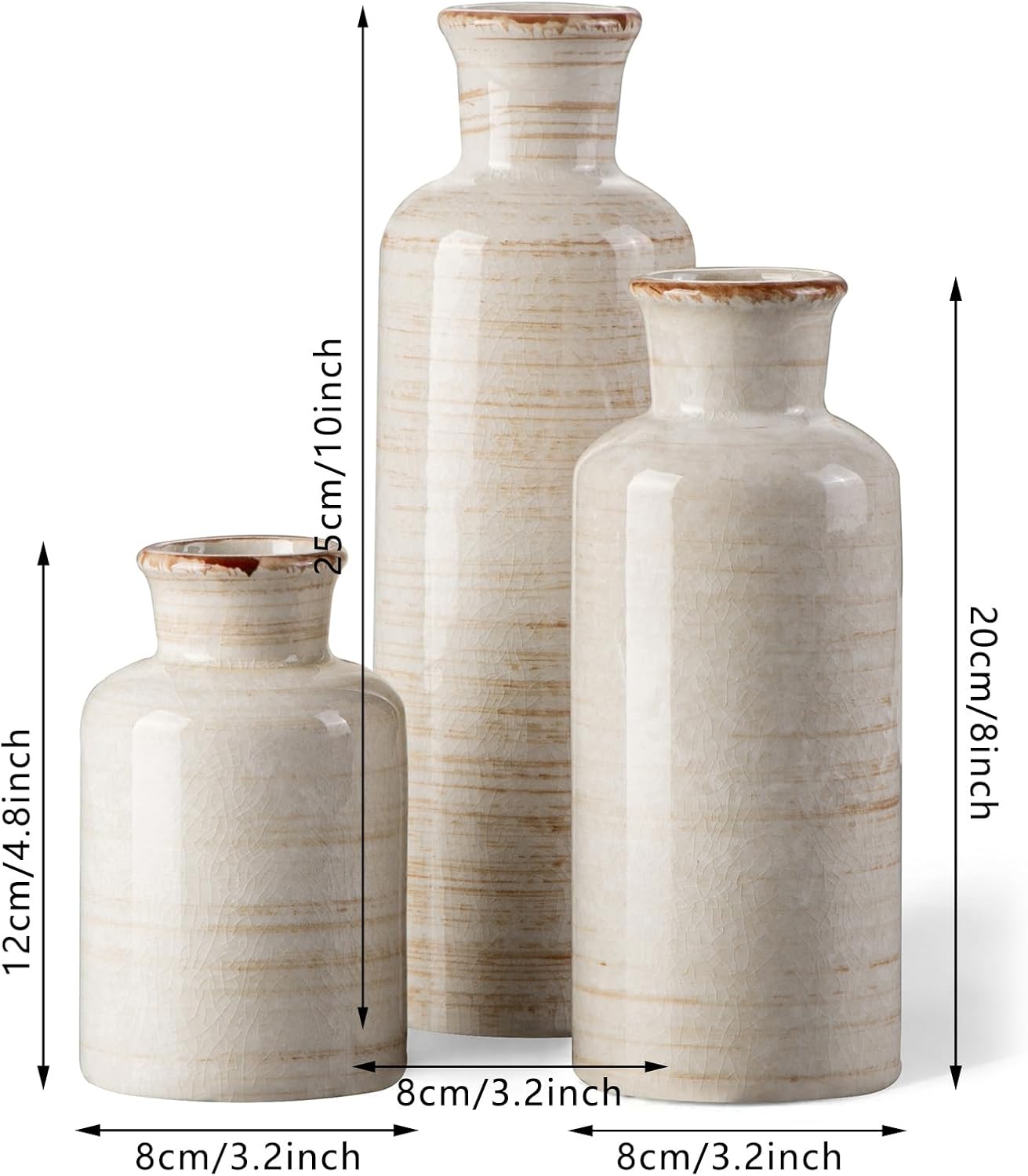 Ceramic Rustic Vase 3-Piece Set (White) - Small Vases for Farmhouse, Living Room, Table & Entrance Deco