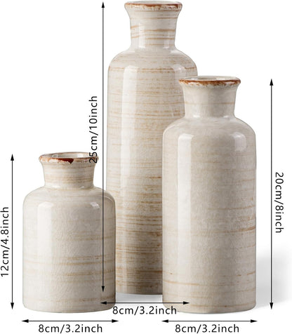 Ceramic Rustic Vase 3-Piece Set (White) - Small Vases for Farmhouse, Living Room, Table & Entrance Deco