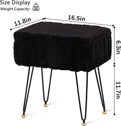 Faux Mink Fur Storage Ottoman – Modern Multifunctional Footstool with Metal Legs