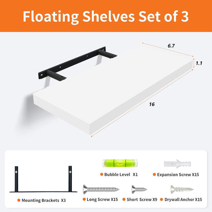 White Floating Shelves for Wall Set of 3, 16" White Wall Mounted Shelves for Home Decor & Bedroom.