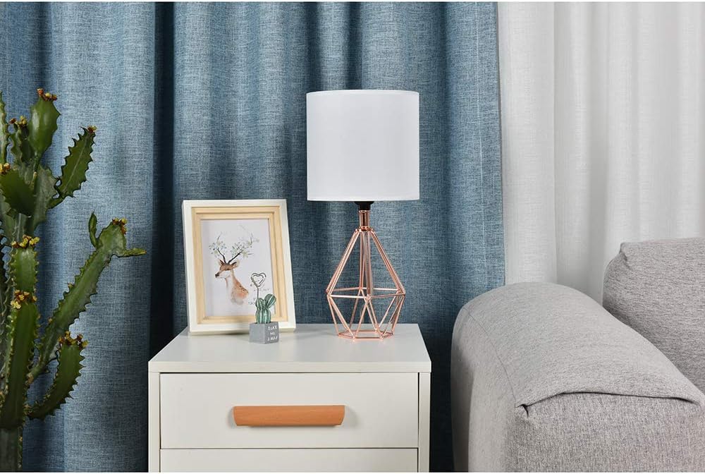 Modern Farmhouse Table Lamp – Black or Rose Gold Geometric Base with White Fabric Shade