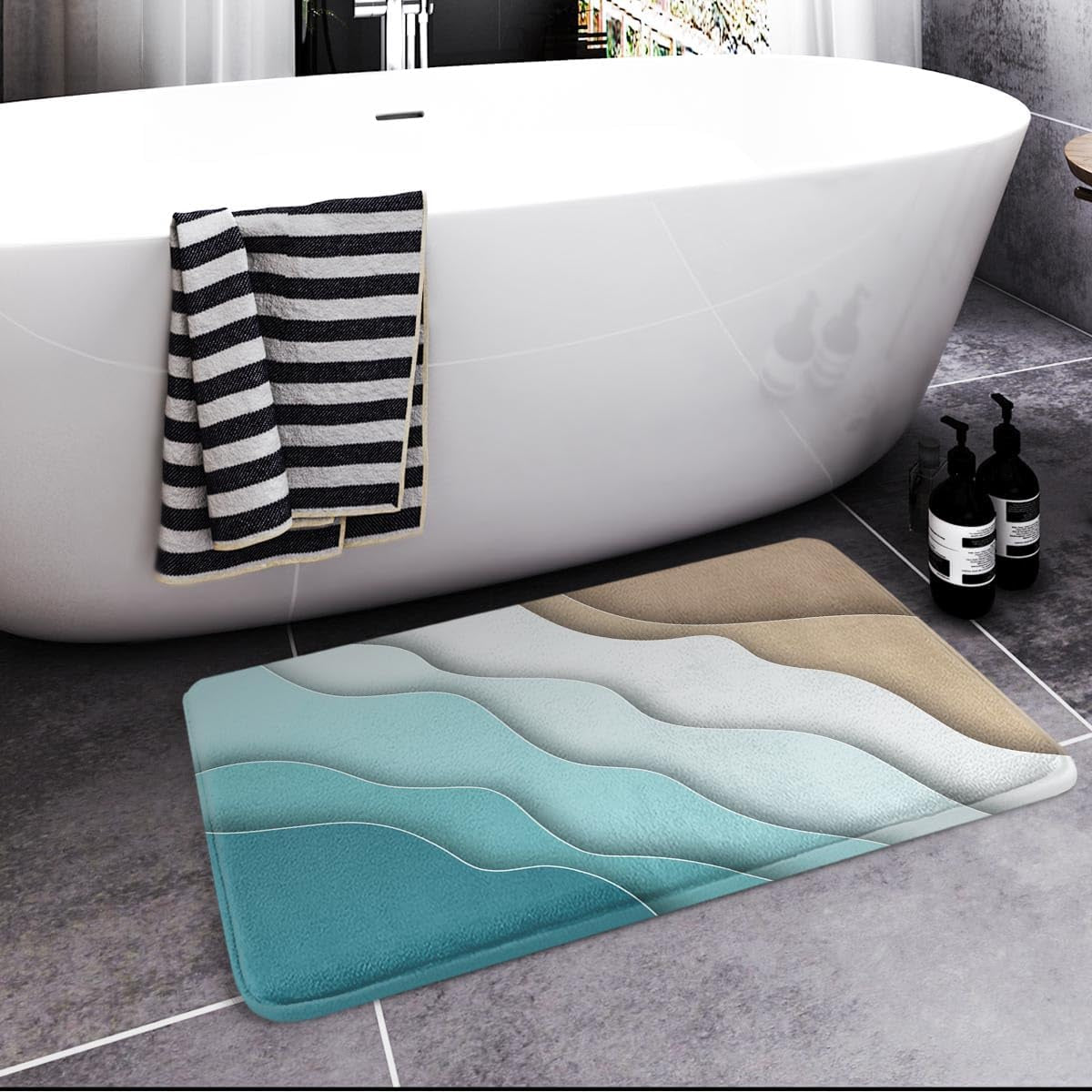 Non-Slip Abstract Beach Bath Mat – Washable Floor Rug for Bathroom, Kitchen, and Indoor Decor (18 x 30 Inches)