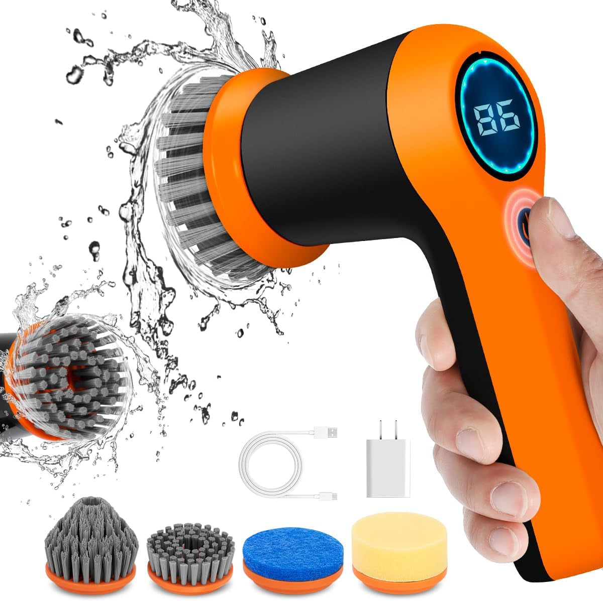 Electric Spin Scrubber - Powerful Scrubber for Cleaning with rechargeable battery and LED Display - Comes with 4 Replaceable Heads - Ideal for Tiles, Kitchen Stove etc. 