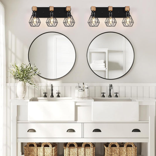 3-Light Farmhouse Vanity Light - Wood & Black Metal Wall Fixture for Bathroom