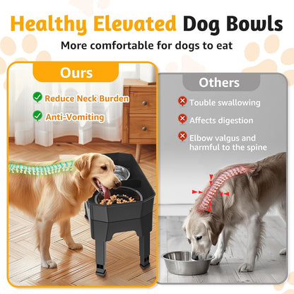 4 in 1 Large Elevated Dog Bowls: 4 Adjustable Height Raised Dog Bowl Stand with Mess Proof Design - Slow Feeder Licking Plate with 2 * 53Oz Food Bowls