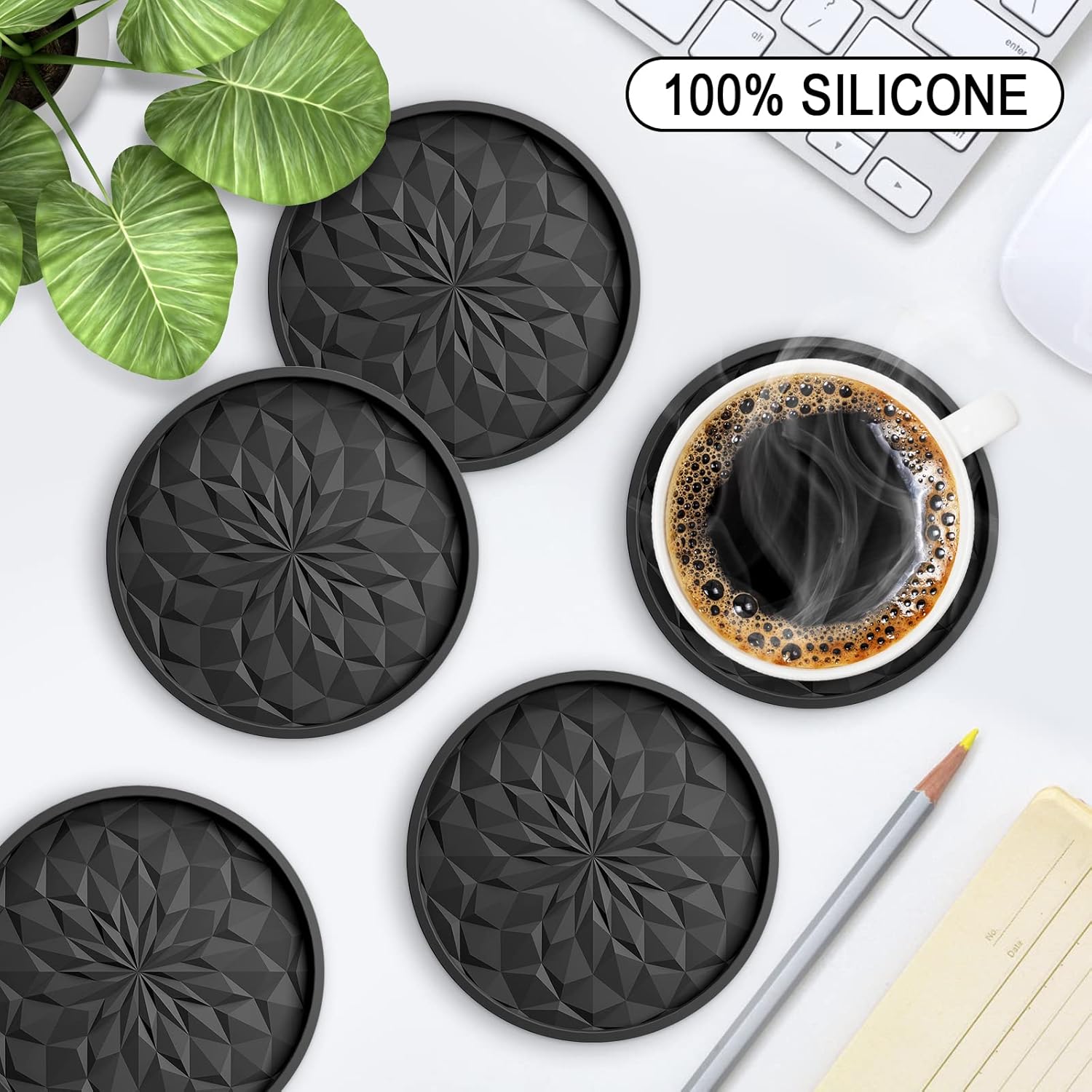 Silicone Coasters [6 Pack] Coasters with Holder - Drinking Coasters - Cup Mat for Drinks - Live for Hot or Cold Drink Thickened, Non-Slip, Non-Stick, Deep Tray Black