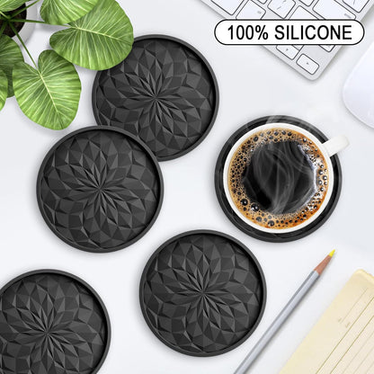 Silicone Coasters [6 Pack] Coasters with Holder - Drinking Coasters - Cup Mat for Drinks - Live for Hot or Cold Drink Thickened, Non-Slip, Non-Stick, Deep Tray Black