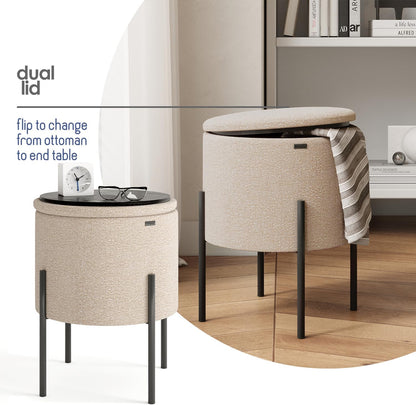 Round Ottoman with Storage – Modern Boucle Foot Stool & Vanity Seat for Living Room or Bedroom