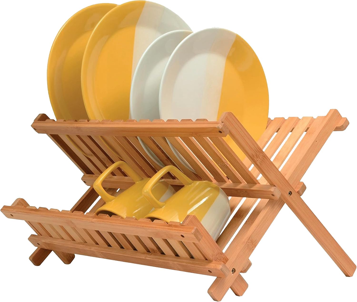 Bamboo Dish Drying Rack - Collapsible 2-Tier Dish Drainer Kitchen Plate Rack for Kitchen Countertop - Foldable & Compact for Space-Saving Storage