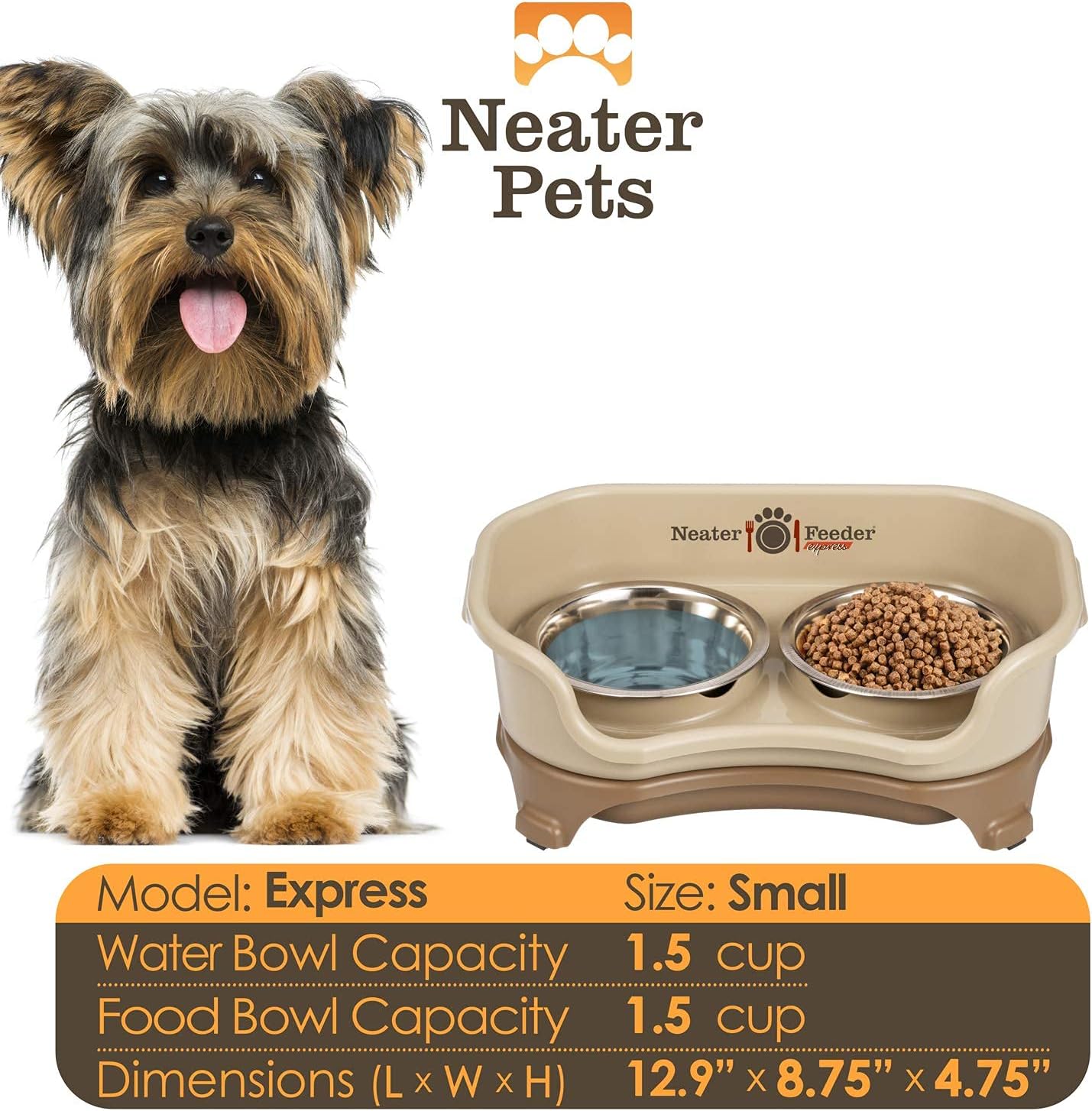 Express Model Mess-Proof Dog Bowls - Small, Cappuccino, Elevated, Non-Spill, Non-Slip - Made in USA