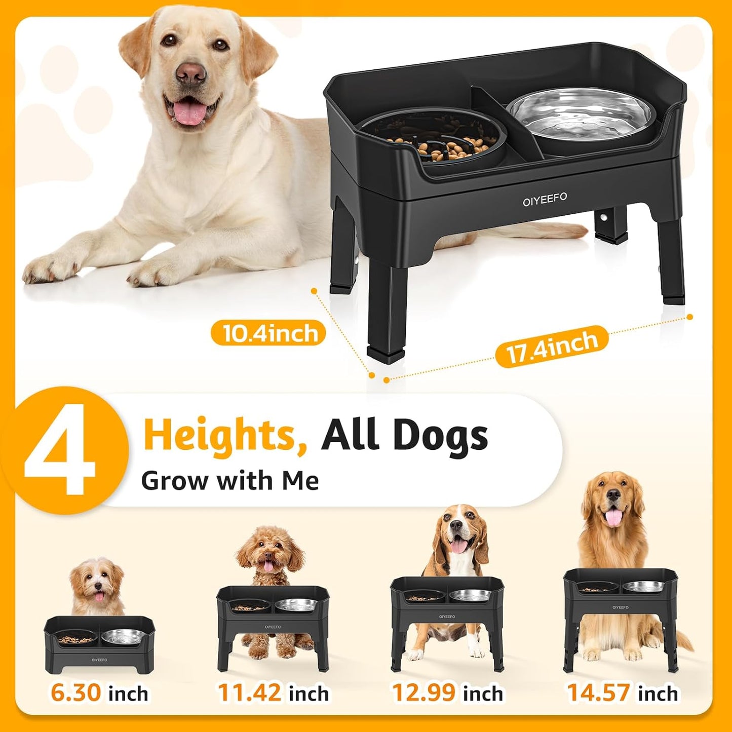 4 in 1 Large Elevated Dog Bowls: 4 Adjustable Height Raised Dog Bowl Stand with Mess Proof Design - Slow Feeder Licking Plate with 2 * 53Oz Food Bowls