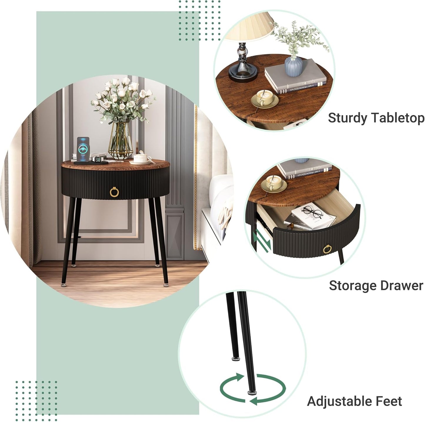 Modern Round Side Tables with Drawer – Stylish and Functional Nightstands for Bedroom, Living Room, and Office