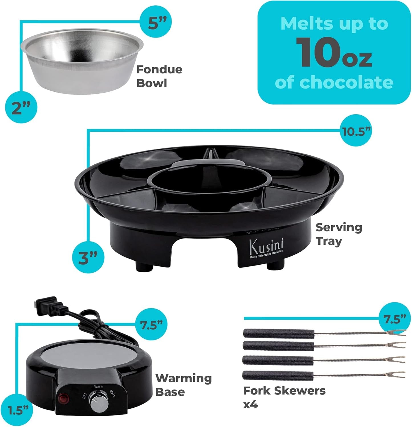 Electric Fondue Pot Set - Chocolate Fondue Kit - Temperature Control, Detachable Serving Trays, & 4 Roasting Forks - Gift Set & Date Night Idea. Serve at Movie Night or Game Night.