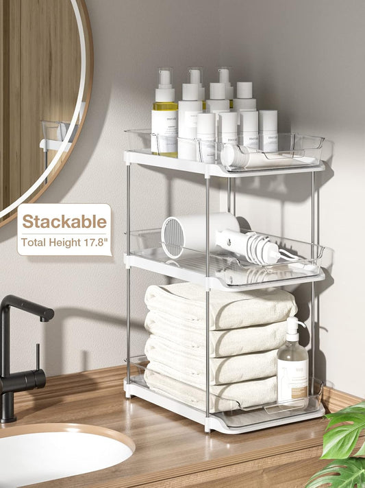 "2 Sets 2-Tier Under Sink Organizers - Stackable Bathroom & Kitchen Storage with Pull-Out Dividers"