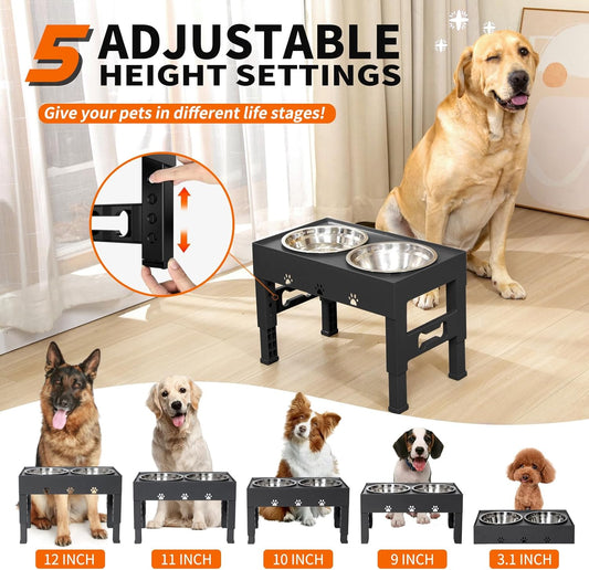 Elevated Dog Bowls with 2 Stainless Steel Dog Food Bowls 5 Height Adjustable Raised Dog Bowl Stand Non-Slip Dog Feeder Adjusts to 3.1”, 9”, 10”, 11”, 12” Tall for Medium Large Dogs - Black