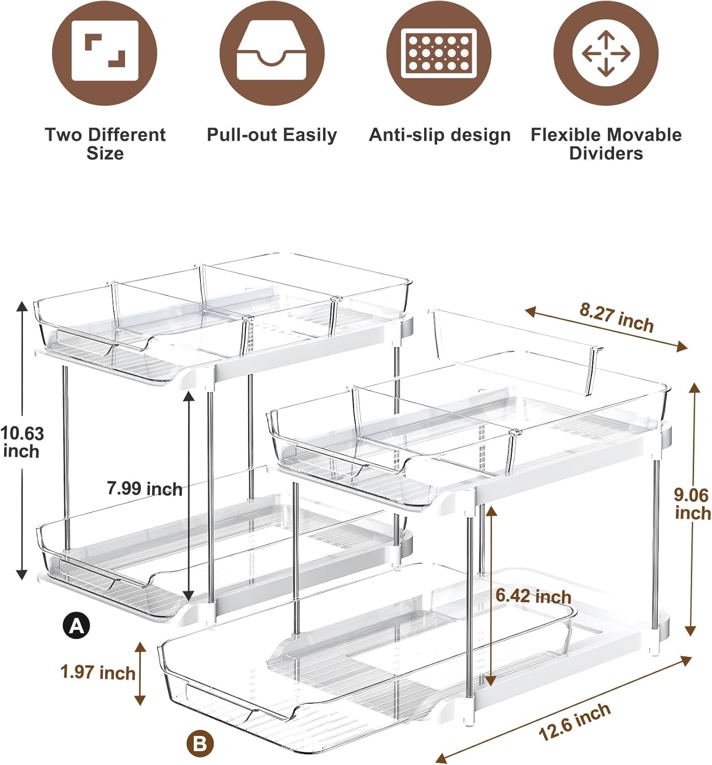 "2 Sets 2-Tier Under Sink Organizers - Stackable Bathroom & Kitchen Storage with Pull-Out Dividers"