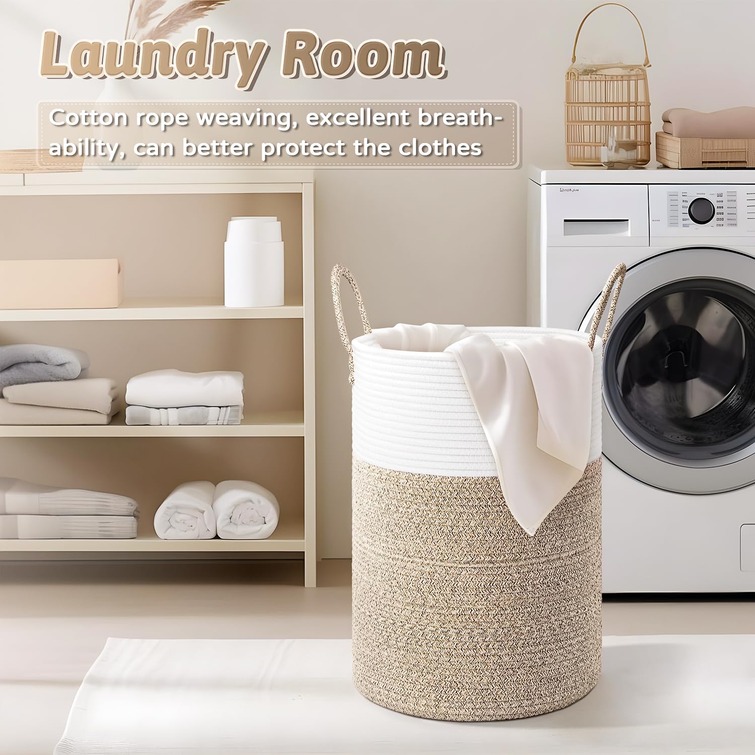 Laundry Basket,Woven Cotton Rope Laundry Hamper,60L for Decor Storage of Dirty Clothes,Toys and Blankets in Bathroom,Baby Room and Living Room