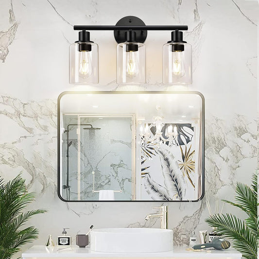 3-Light Black Vanity Fixture - Modern Bathroom Wall Lamp with Clear Glass Shades