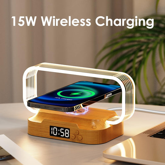 Small Nightstand Lamp with Wireless Charger,Cute Bedside Lamp with Clock,Small Table Lamp for Bedroom,Mini Night Light for Bedroom,Tiny Lamp as Gift,Stepless Dimmable,3 Color Modes