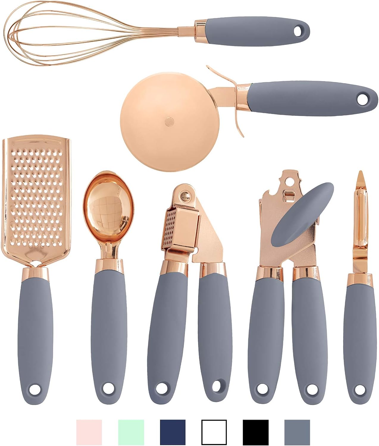 Kitchen Gadget Set Stainless Steel Utensils with Soft Touch Handles, 7 Pc. Copper, Grey